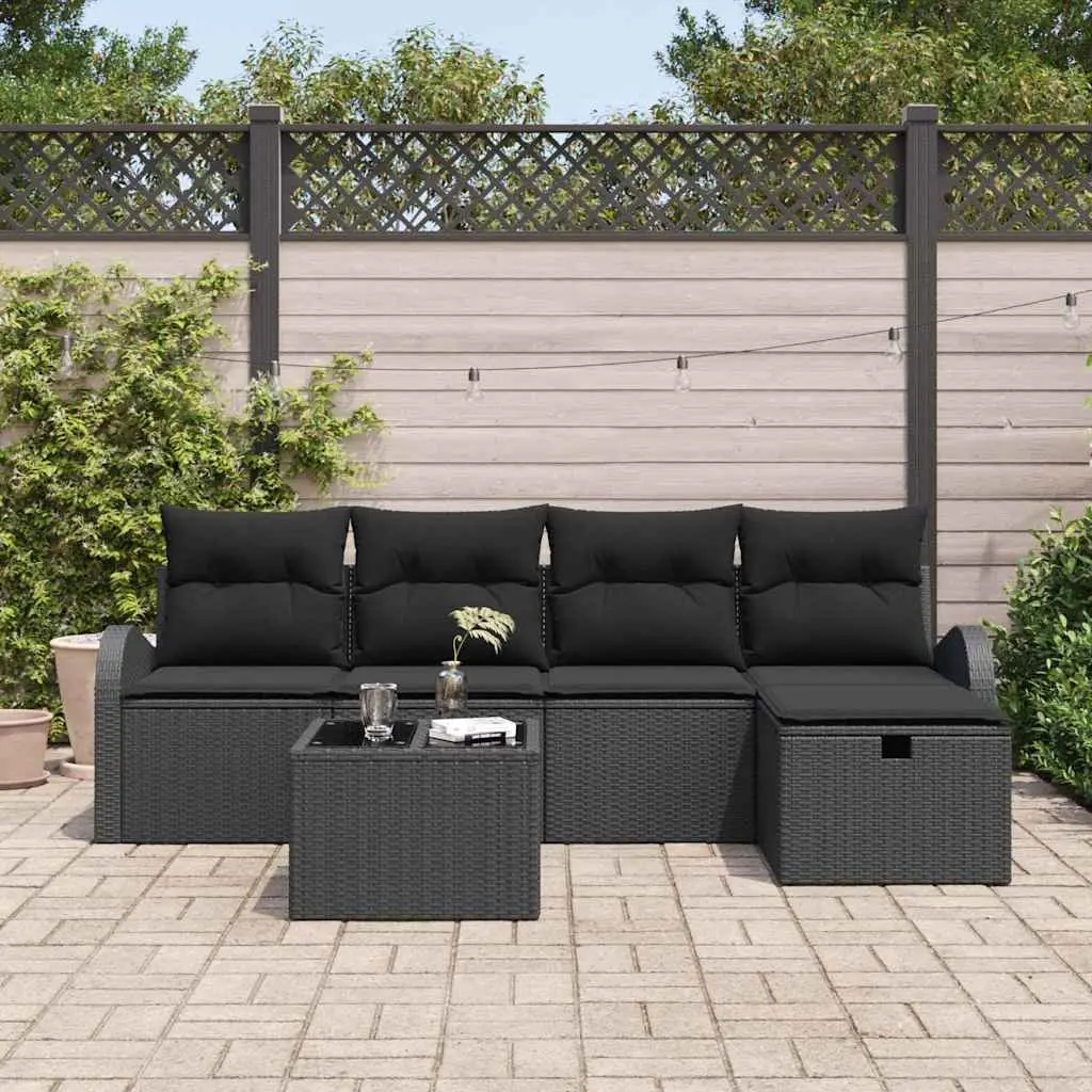 Modular Garden Sofa Set 6 Pieces Black Poly Rattan Outdoor Furniture with