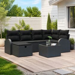 Modular Garden Sofa Set 7 Pieces Black Poly Rattan Outdoor Patio Furniture with