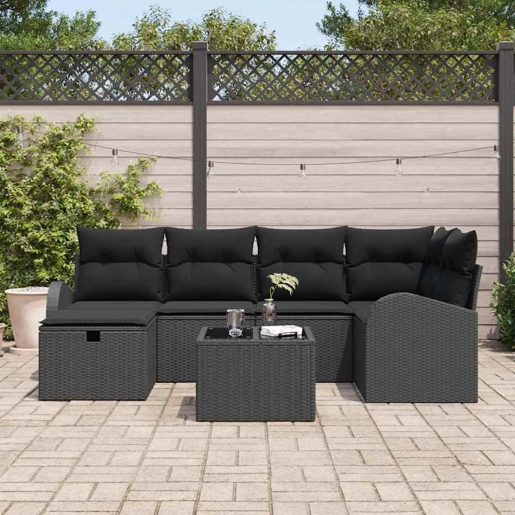 Modular Garden Sofa Set 7 Pieces Black Poly Rattan Outdoor Patio Furniture with