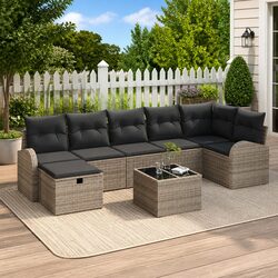 Garden Sofa Set 8 Pieces Grey Poly Rattan Outdoor Furniture with Cushions
