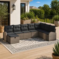 Garden Sofa Set Modular 8 Pieces Grey Poly Rattan Acacia Wood Outdoor Furniture