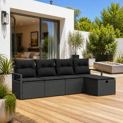 Outdoor Garden Sofa Set 5 pcs Modular Poly Rattan Black with Cushions