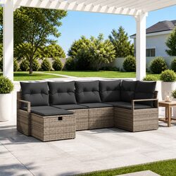 Outdoor Garden Sofa Set 6 Piece Modular Patio Furniture Grey Poly Rattan with