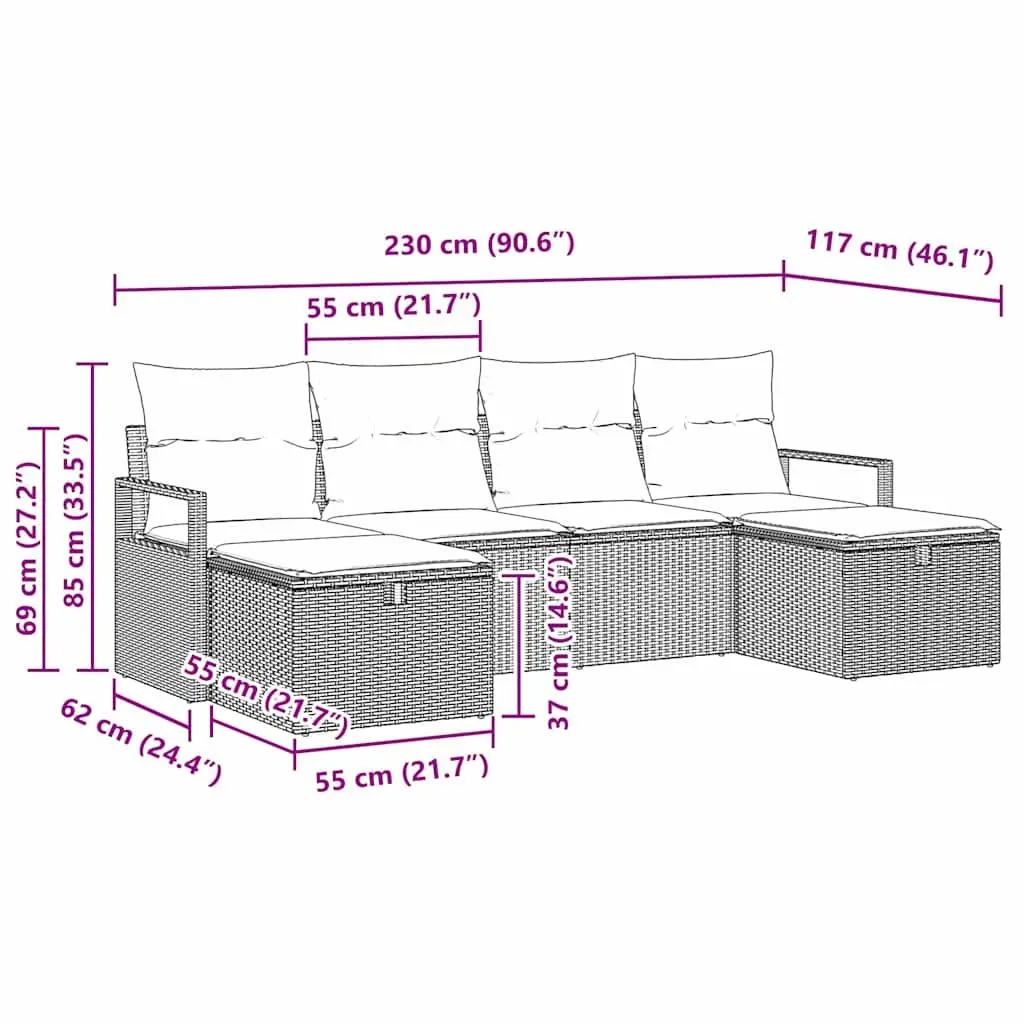 5-Piece Outdoor Garden Sofa Set Modular Grey Poly Rattan Patio Furniture