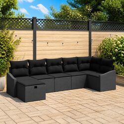 Outdoor Sofa Set 7 Piece Poly Rattan Garden Furniture Black with Cushions