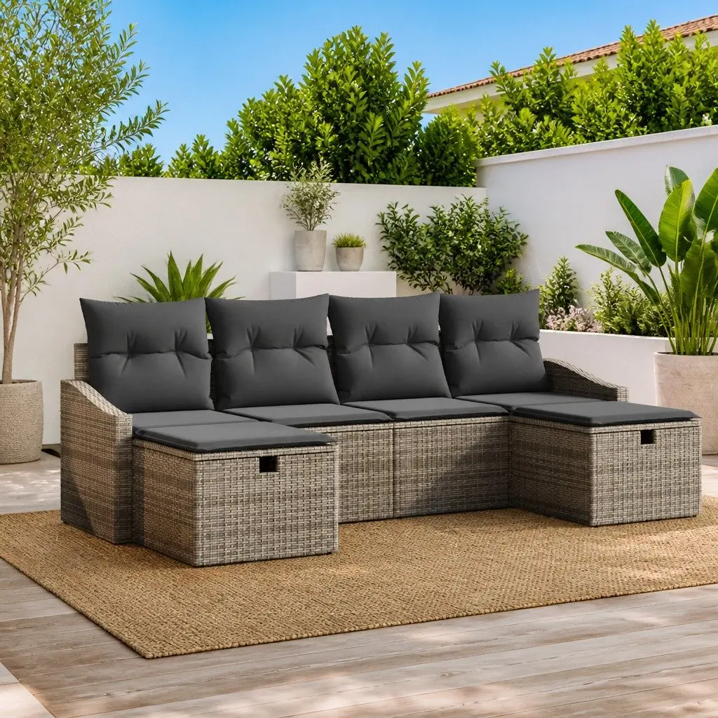 Outdoor Sofa Set 6 Pieces Grey Poly Rattan Garden Furniture Modular Seating