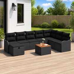 Outdoor Garden Sofa Set 9 Pieces Black Poly Rattan Modular Furniture with Table