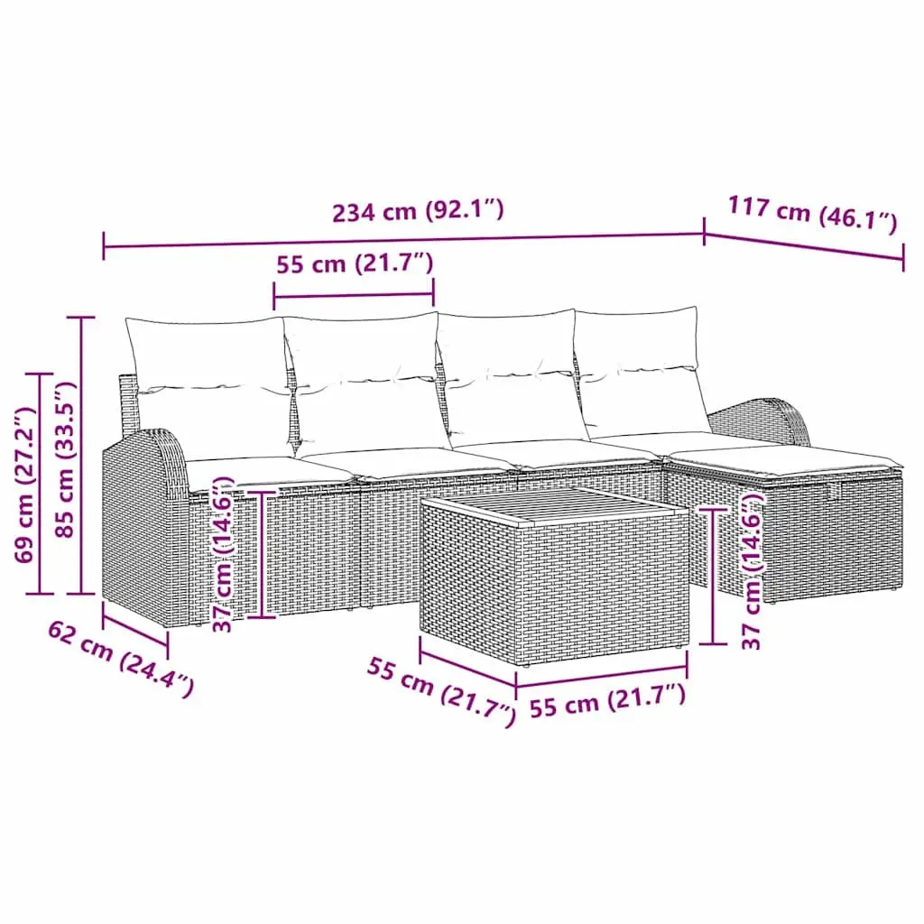 Outdoor Garden Sofa Set 6 Piece Modular Patio Furniture Grey Poly Rattan with