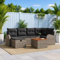 Outdoor Garden Sofa Set 7 pcs Grey Poly Rattan Modular Lounge with Cushions
