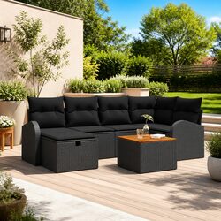 Outdoor Garden Sofa Set 7 Pcs Black Poly Rattan Modular Furniture with Cushions