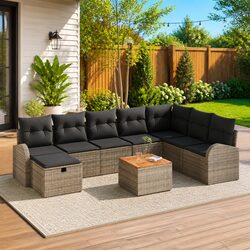 Outdoor Garden Sofa Set 9 Pcs Grey Poly Rattan Lounge Furniture with Cushions