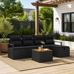Outdoor Garden Sofa Set 6 Pieces Black Poly Rattan Patio Furniture with Cushions
