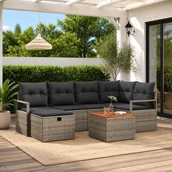 Garden Sofa Set 7 pcs Modular Outdoor Furniture Grey Poly Rattan with Cushions
