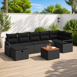 Outdoor Garden Sofa Set 8 Pieces Black Poly Rattan Patio Furniture with Table