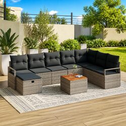 Outdoor Garden Sofa Set 9 Piece Grey Poly Rattan with Cushions Patio Furniture