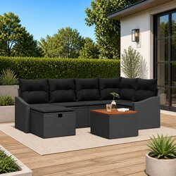 Black Outdoor Garden Sofa Set 7-Piece Poly Rattan Modular Patio Furniture with