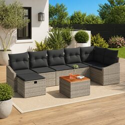 Garden Sofa Set Outdoor Furniture Grey Poly Rattan 8 Pcs Modular Patio Seating