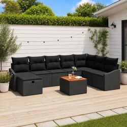 Outdoor Garden Sofa Set 9 pcs Black Poly Rattan Patio Furniture with Cushions