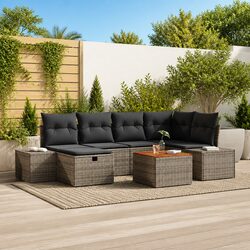 Outdoor Garden Sofa Set 7 Piece Grey Poly Rattan Patio Furniture with Cushions
