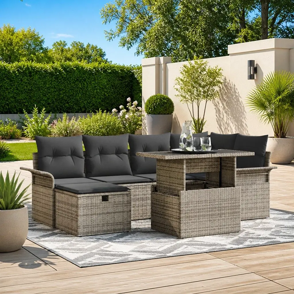 Modular Garden Sofa Set 7 Pieces Grey Poly Rattan Outdoor Furniture with Height Adjustable Table