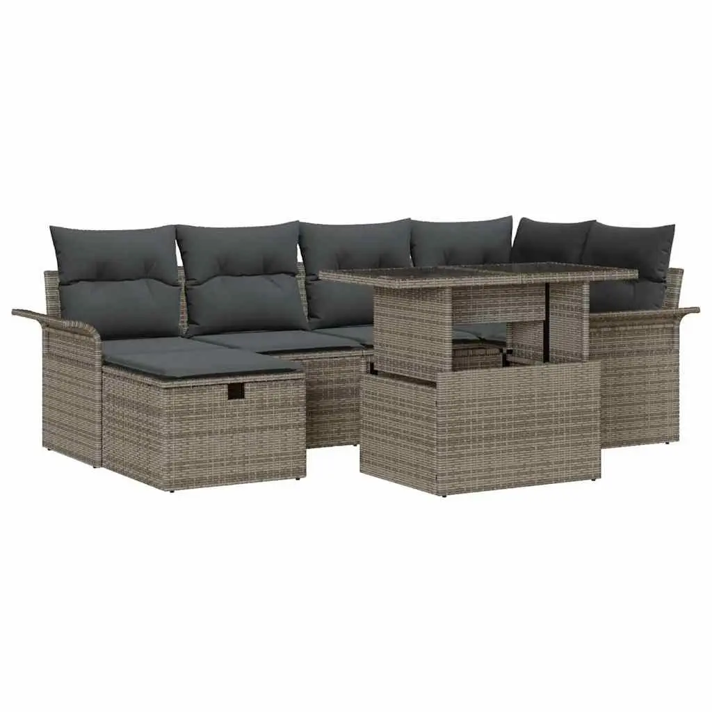 Modular Garden Sofa Set 7 Pieces Grey Poly Rattan Outdoor Furniture with Height Adjustable Table
