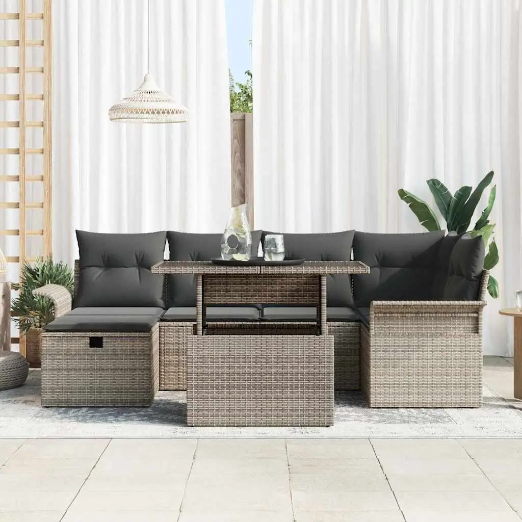 Modular Garden Sofa Set 7 Pieces Grey Poly Rattan Outdoor Furniture with Height Adjustable Table