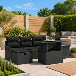 Modular Garden Sofa Set 7 Pieces Black Poly Rattan Outdoor Furniture with Table