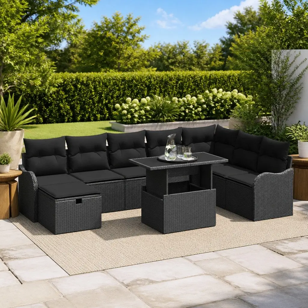 Modular Garden Sofa Set 9 Pieces Black Poly Rattan Outdoor Furniture Patio