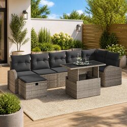 Garden Sofa Set Modular Outdoor Furniture Grey Poly Rattan 8 Piece with Cushions