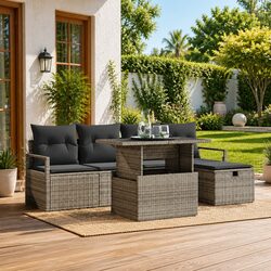 Garden Sofa Set 6 Piece Outdoor Furniture Modular Grey Poly Rattan with Cushions