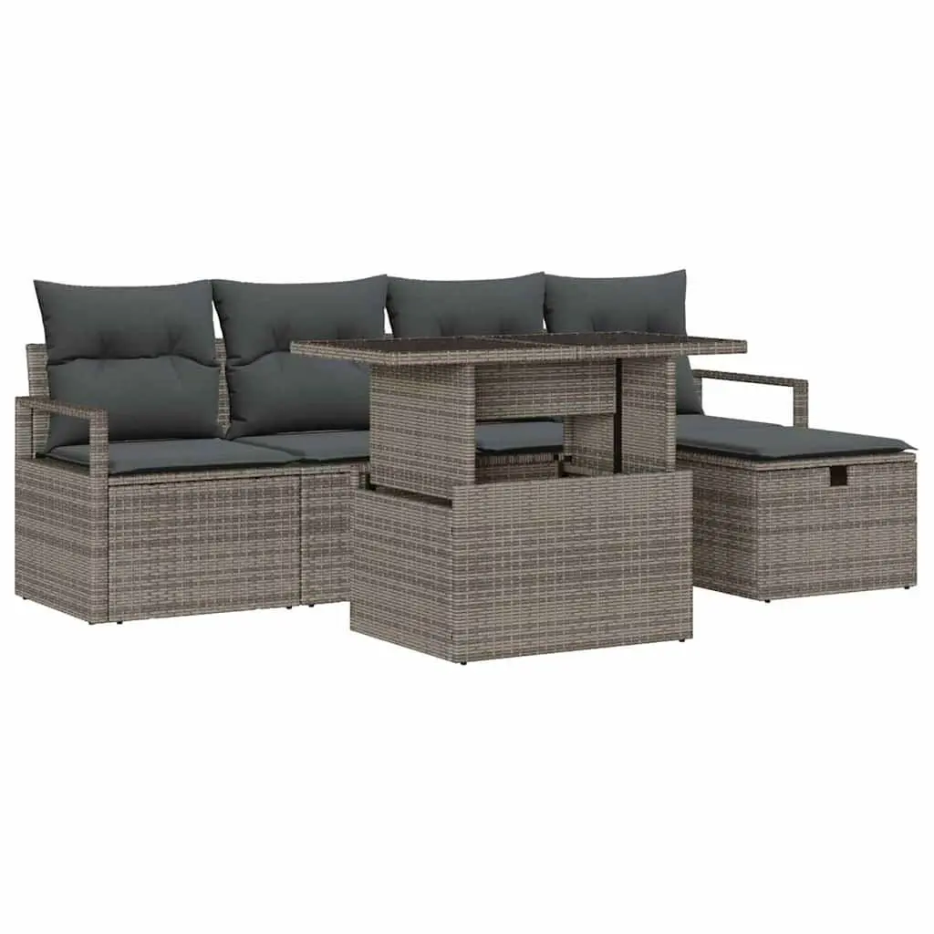 Garden Sofa Set Modular Grey Poly Rattan 6 Piece Outdoor Furniture with Cushions