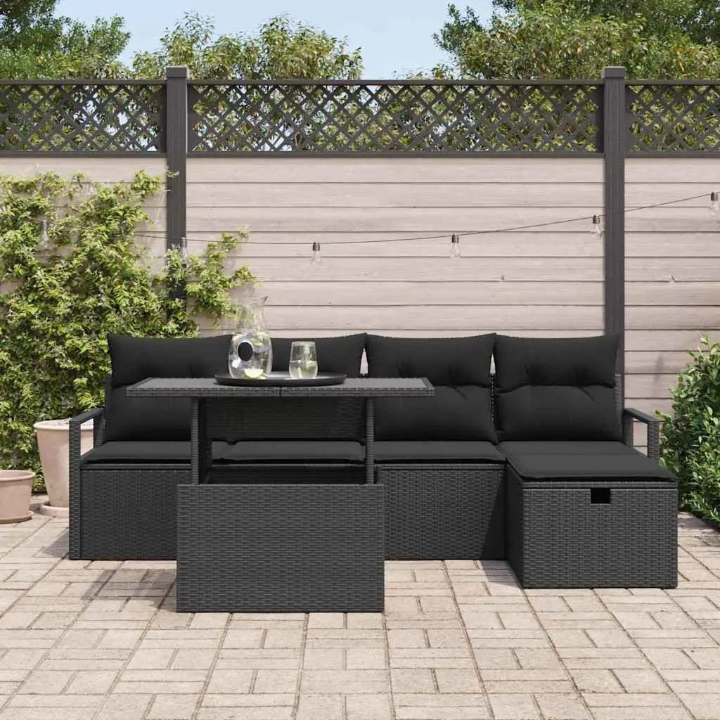 6 Piece Garden Sofa Set Outdoor Furniture Black Poly Rattan Modular Lounge