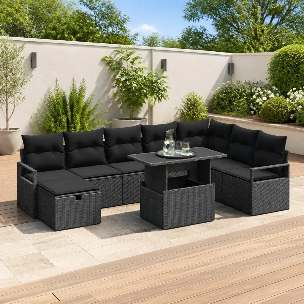 Modular Outdoor Garden Sofa Set 9 Piece Poly Rattan Black with Height Adjustable Table and Cushions
