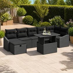 8-Piece Black Poly Rattan Modular Garden Sofa Set Outdoor Furniture with Table