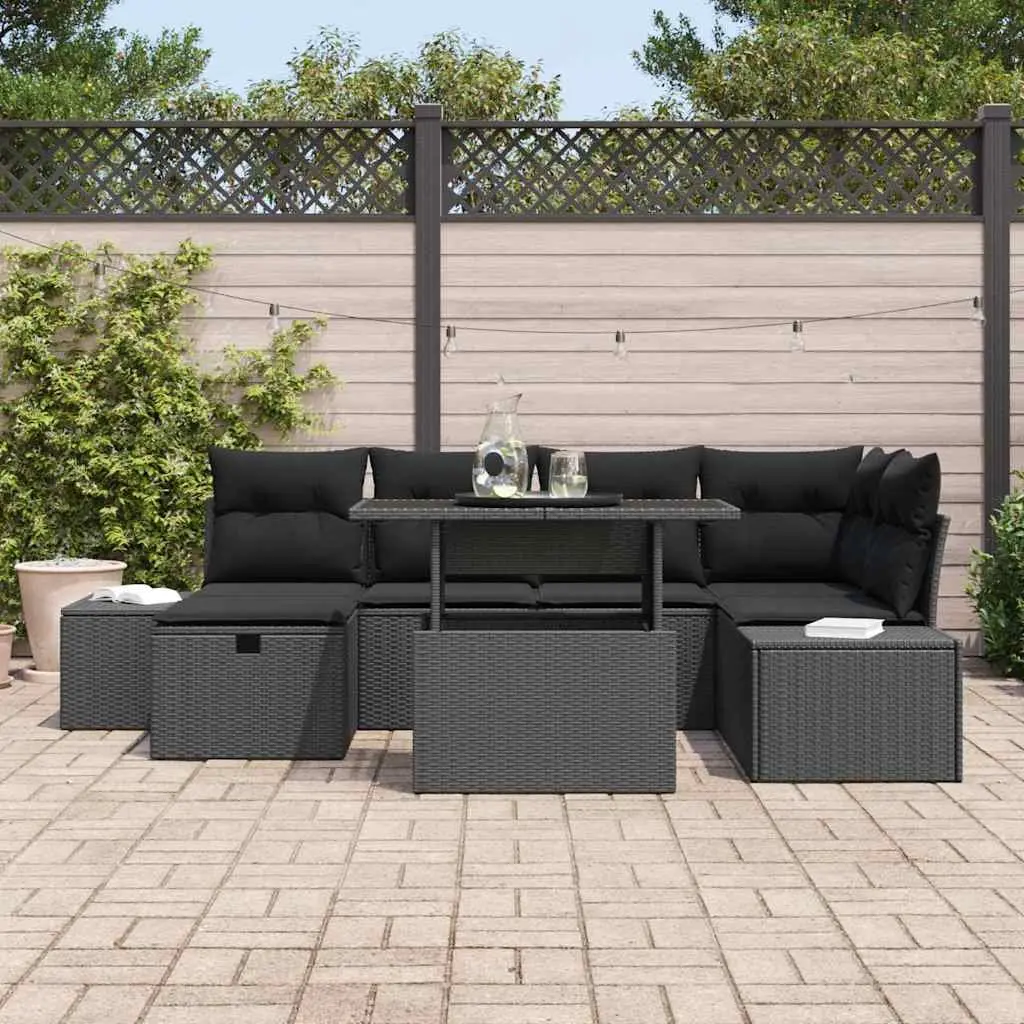 7 Piece Modular Garden Sofa Set Height-Adjustable Poly Rattan Outdoor Furniture Black