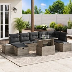 Modular Garden Sofa Set 8-Piece Height-Adjustable Grey Poly Rattan Outdoor