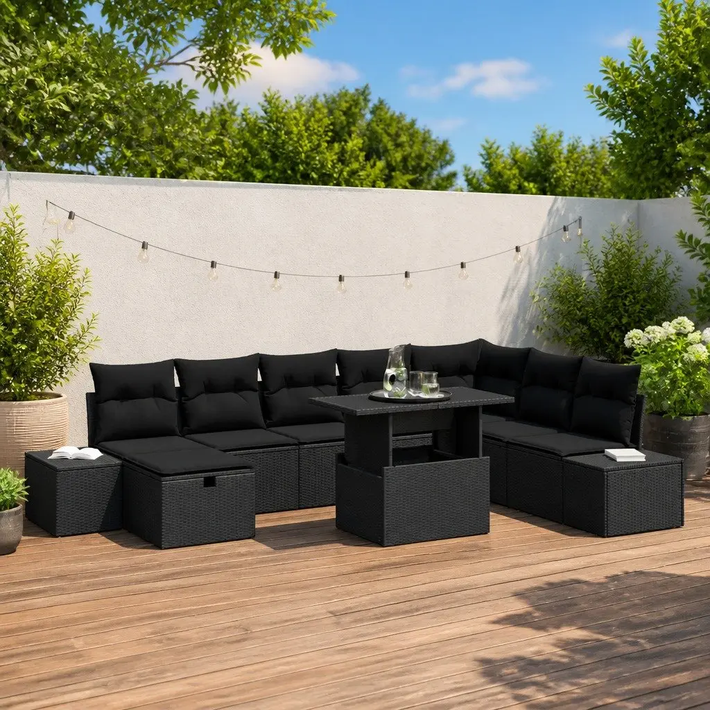 9 Piece Modular Garden Sofa Set Height-Adjustable Table Black Outdoor Furniture