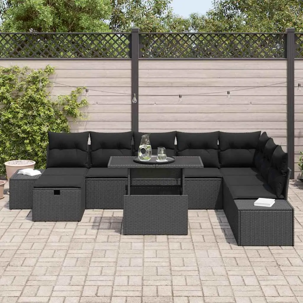 9 Piece Modular Garden Sofa Set Height-Adjustable Table Black Outdoor Furniture