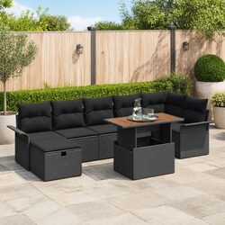 Garden Sofa Set 8 Pieces Height-Adjustable Outdoor Furniture Black Poly Rattan