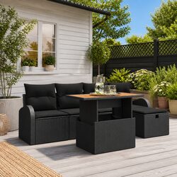 Outdoor Garden Sofa Set 6 Piece Height-Adjustable Black Poly Rattan Furniture