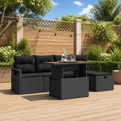 Garden Sofa Set 6-Piece Outdoor Furniture Height-Adjustable Black Poly Rattan
