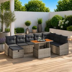 Garden Sofa Set Height-Adjustable 9 Piece Grey Poly Rattan Outdoor Furniture