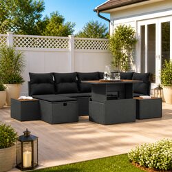 Outdoor Garden Sofa Set 7 pcs Height-Adjustable Poly Rattan Patio Furniture