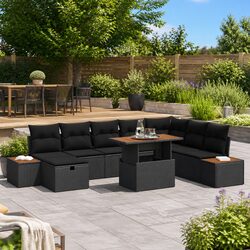 Outdoor Garden Sofa Set Modular 9pc Black Poly Rattan Lounge with Storage