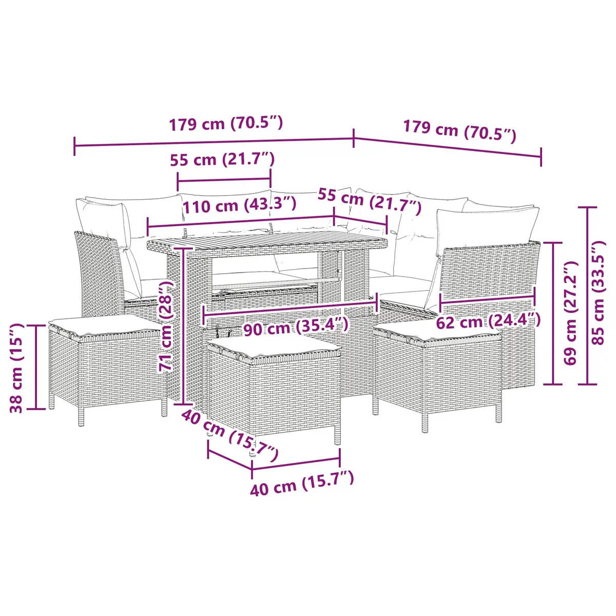 Outdoor Garden Sofa Set Modular Height Adjustable 9 Piece Black Poly Rattan and Solid Acacia Wood
