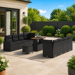 Garden Sofa Set 11 pcs Height-Adjustable Black Poly Rattan Outdoor Furniture