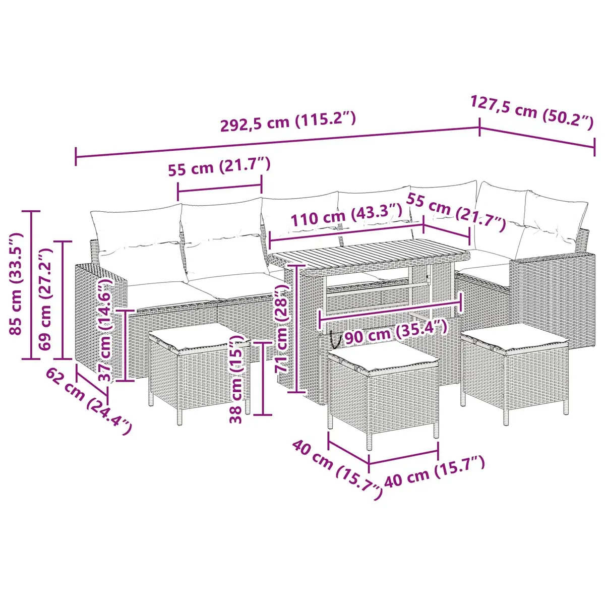 Modular Garden Sofa Set 10 Pieces Height Adjustable Black Poly Rattan