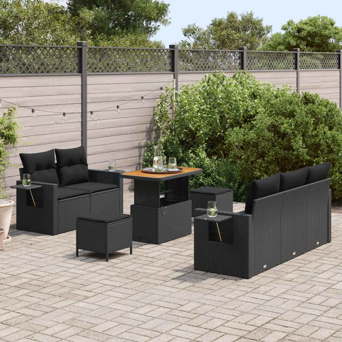 Modular Garden Sofa Set 8 Pieces Outdoor Seating Black Poly Rattan Acacia Wood