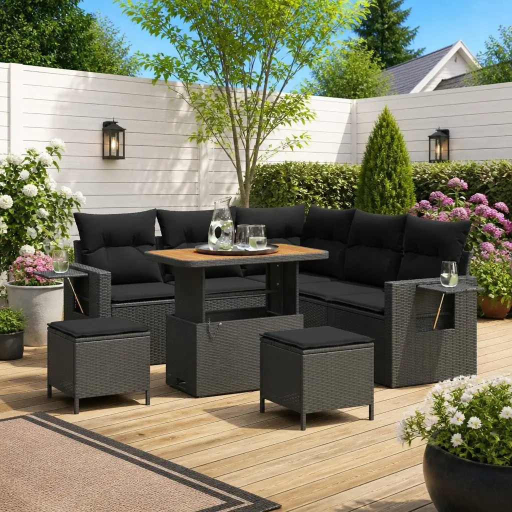Modular Garden Sofa Set 8 Pieces Black Poly Rattan Outdoor Furniture with