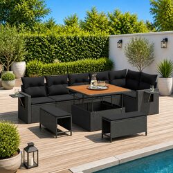 Garden Sofa Set 9 pcs Outdoor Furniture Black Poly Rattan Acacia Wood Modular